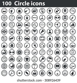 100 circle icons set, black, on white background