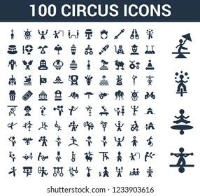 100 Circus universal icons set with Tightrope walker man, Jumping Juggler Family stunt Giant Acrobat Trapeze artists man