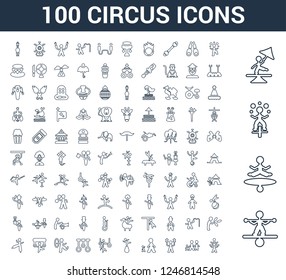 100 Circus universal linear icons set with Tightrope walker man, Jumping Juggler Family stunt Giant Acrobat Trapeze artists man