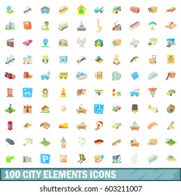 100 city elements icons set in cartoon style for any design vector illustration