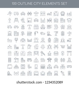 100 city elements universal icons set with Factory linear, Antenna Subway Building Parking Gas station Hospital City hall Gate Slide linear