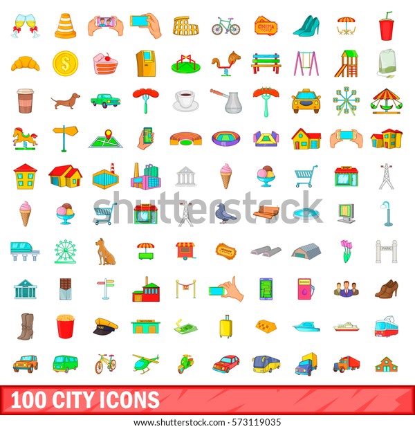 100 city icons set in cartoon style for any\
design vector illustration