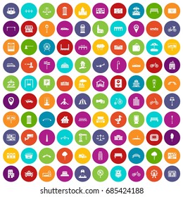 100 city icons set in different colors circle isolated vector illustration
