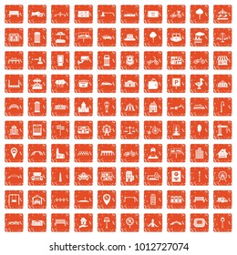 100 city icons set in grunge style orange color isolated on white background vector illustration