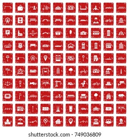 100 city icons set in grunge style red color isolated on white background vector illustration