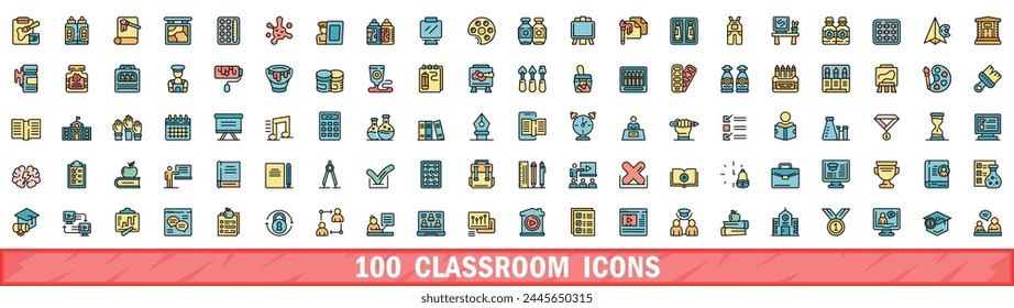 100 classroom icons set. Color line set of classroom vector icons thin line color flat on white