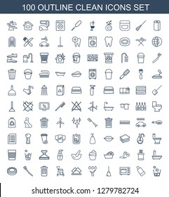 100 clean icons. Trendy clean icons white background. Included outline icons such as trash bin, cream tube, microwave, broom, watering system, napkin. clean icon for web and mobile.