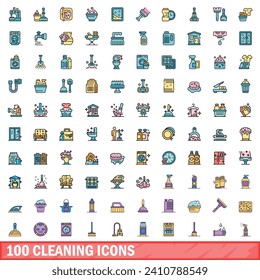 100 iconos de limpieza. Conjunto de líneas de color para limpiar iconos vectoriales color de línea delgada plano sobre blanco