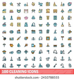 100 iconos de limpieza. Conjunto de líneas de color para limpiar iconos vectoriales color de línea delgada plano sobre blanco