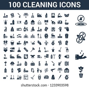 100 Cleaning universal icons set with Rose cleanin, Hands Compress No water Leaf Tampon Garbage truck Bucket Broom cleanin