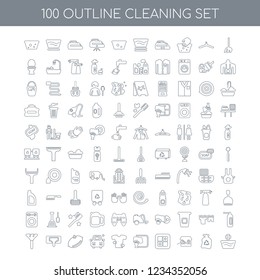 100 Cleaning universal icons set with Mop linear, Trash House Clean window car Lemon Floor cleaner Duster linear