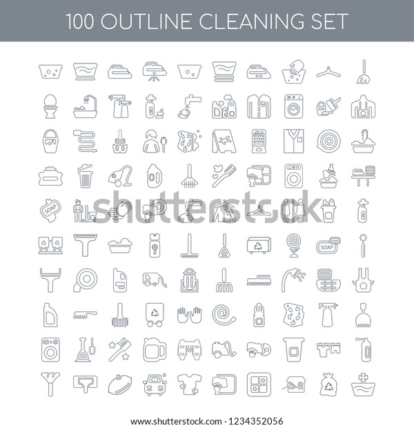 100 Cleaning\
universal icons set with Mop linear, Trash House Clean window car\
Lemon Floor cleaner Duster\
linear