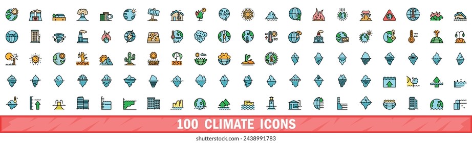 Conjunto de 100 iconos del clima. Conjunto de línea de color de iconos de vector de clima línea fina color plana en blanco