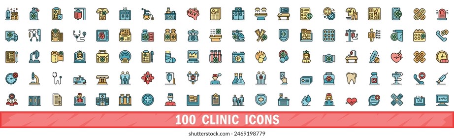 100 clinic icons set. Color line set of clinic vector icons thin line color flat on white