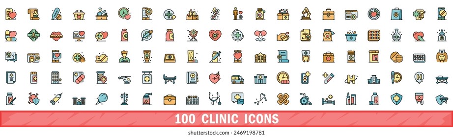 100 clinic icons set. Color line set of clinic vector icons thin line color flat on white