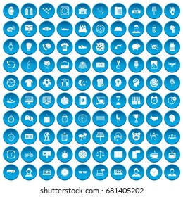 100 clock icons set in blue circle isolated on white vector illustration