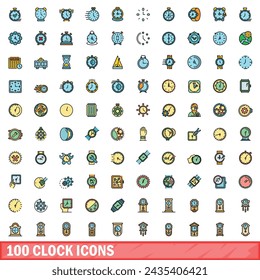 100 iconos de reloj establecidos. Conjunto de línea de color de iconos de vectores de reloj línea delgada color plana en blanco