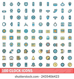 100 clock icons set. Color line set of clock vector icons thin line color flat on white