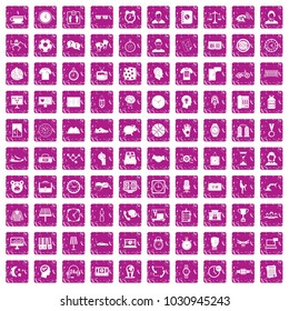 100 clock icons set in grunge style pink color isolated on white background vector illustration