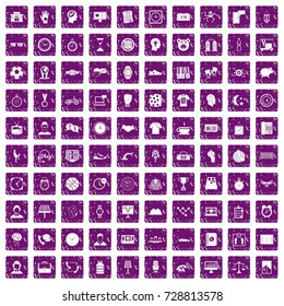 100 clock icons set in grunge style purple color isolated on white background vector illustration
