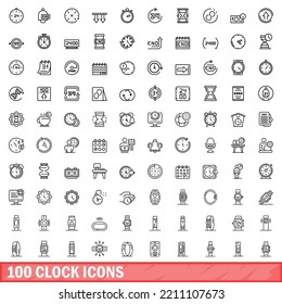 100 clock icons set. Outline illustration of 100 clock icons vector set isolated on white background svg