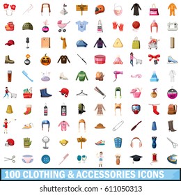 100 clothes and accessories icons set in cartoon style for any design vector illustration