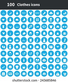100 clothes icons, blue circle background 