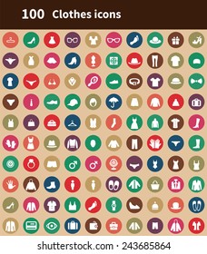 100 clothes icons, brown background 