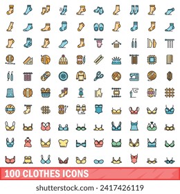 100 clothes icons set. Color line set of clothes vector icons thin line color flat on white