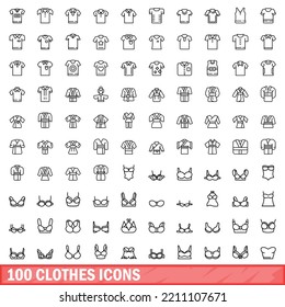 100 clothes icons set. Outline illustration of 100 clothes icons vector set isolated on white background