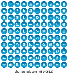 100 clothing and accessories icons set in blue circle isolated on white vector illustration