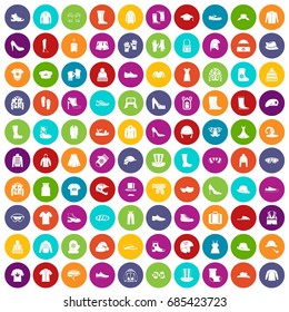 100 clothing and accessories icons set in different colors circle isolated vector illustration