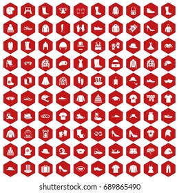 100 clothing and accessories icons set in red hexagon isolated vector illustration