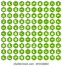 100 clothing and accessories icons set in green hexagon isolated vector illustration