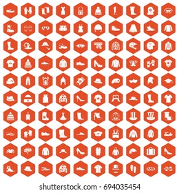 100 clothing and accessories icons set in orange hexagon isolated vector illustration