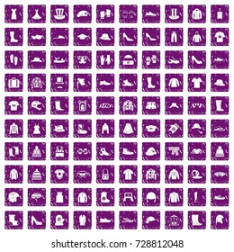 100 clothing and accessories icons set in grunge style purple color isolated on white background vector illustration