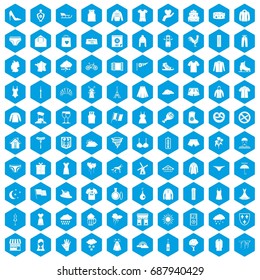 100 clothing icons set in blue hexagon isolated vector illustration
