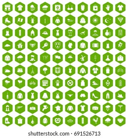 100 clothing icons set in green hexagon isolated vector illustration