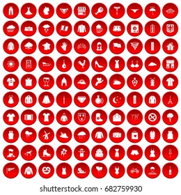 100 clothing icons set in red circle isolated on white vector illustration
