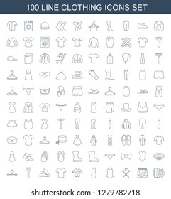 100 clothing icons. Trendy clothing icons white background. Included line icons such as belt, underwear with heart, ironing table, skirt, dress. clothing icon for web and mobile.