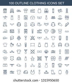 100 clothing icons. Trendy clothing icons white background. Included outline icons such as overcoat, skirt, boot, hanger, tie, sport bra, chef hat. clothing icon for web and mobile.