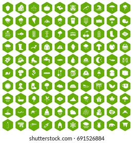 100 clouds icons set in green hexagon isolated vector illustration