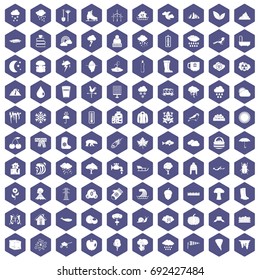 100 clouds icons set in purple hexagon isolated vector illustration