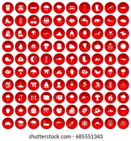 100 clouds icons set in red circle isolated on white vectr illustration