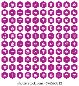 100 clouds icons set in violet hexagon isolated vector illustration
