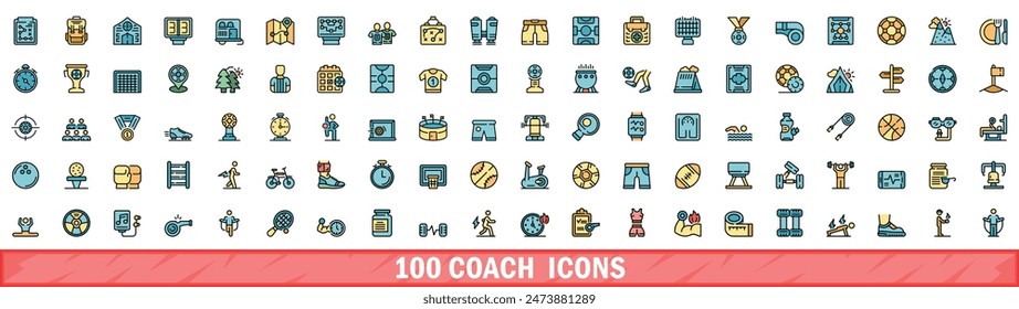 100 coach icons set. Color line set of coach vector icons thin line color flat on white