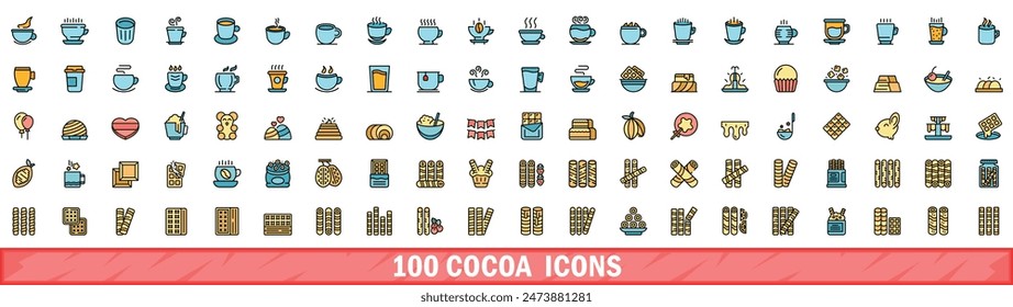 100 cocoa icons set. Color line set of cocoa vector icons thin line color flat on white