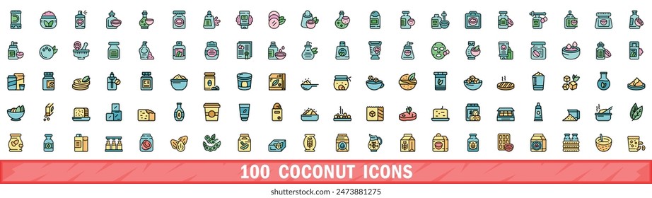 100 coconut icons set. Color line set of coconut vector icons thin line color flat on white