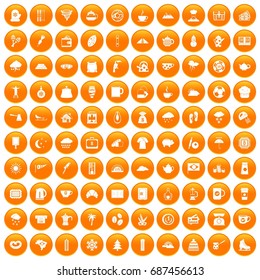 100 coffee cup icons set in orange circle isolated vector illustration