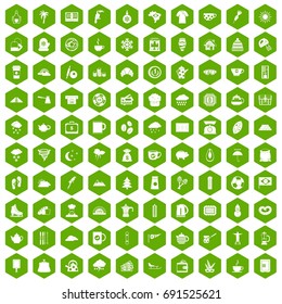 100 coffee cup icons set in green hexagon isolated vector illustration